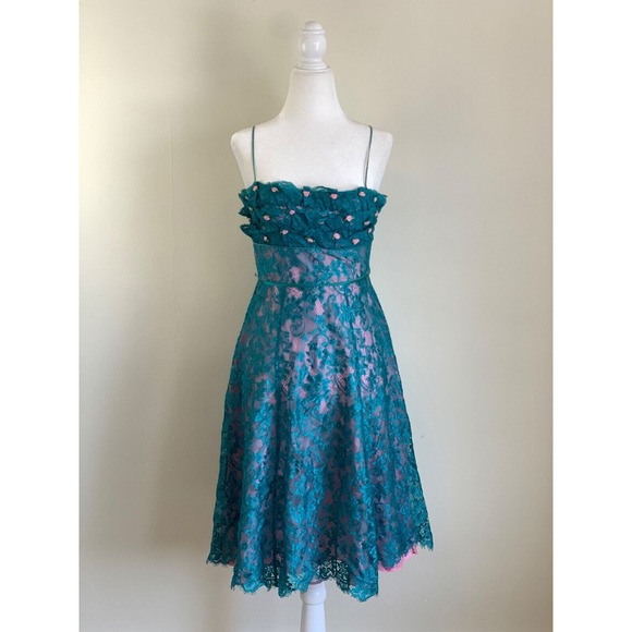 Betsey Johnson Dresses & Skirts - Betsey Johnson Lace Floral Sweetheart Size 4 Blue Sleeveless Midi Dress 90s Y2K